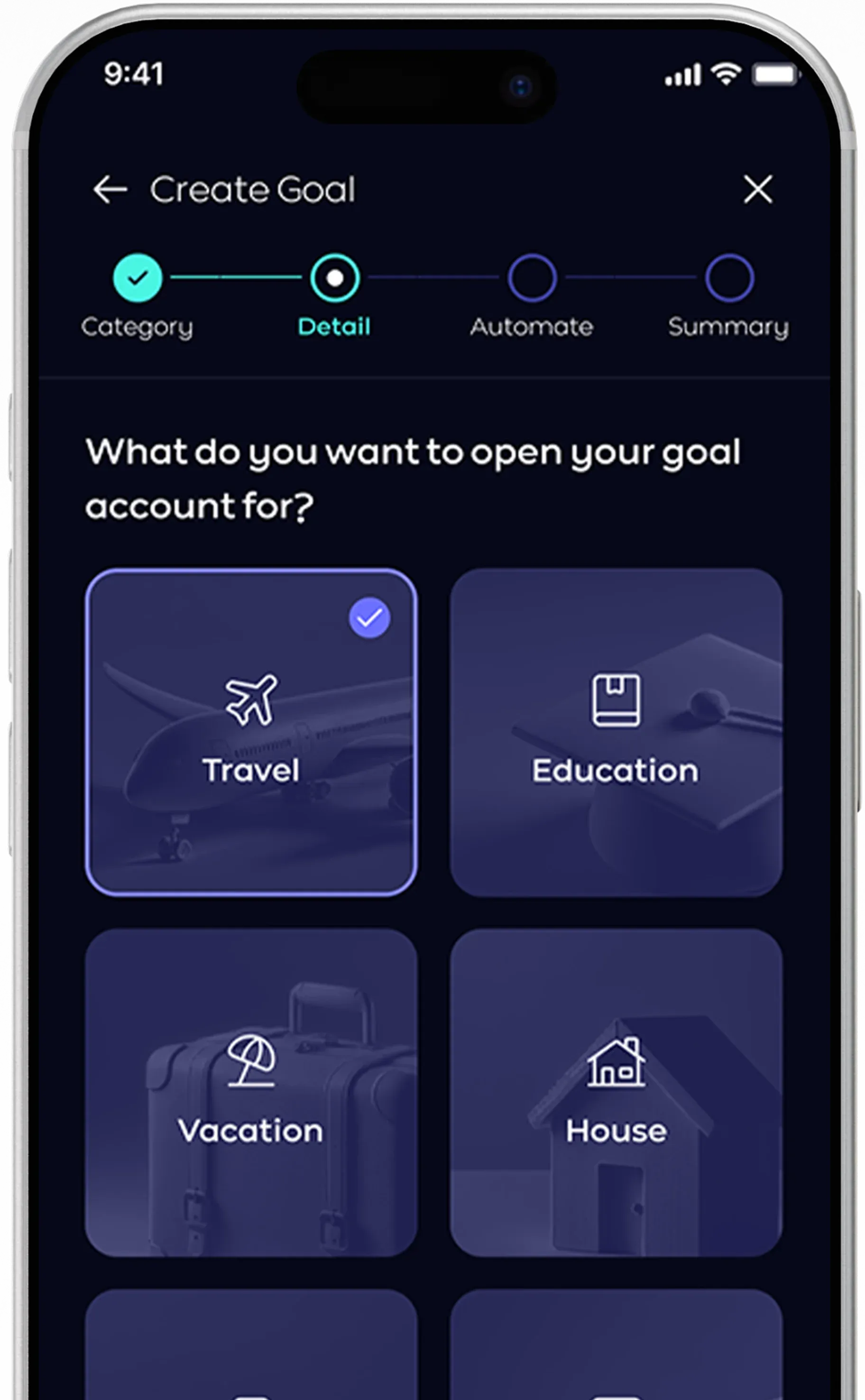 Goal based savings account interface for Vision Bank